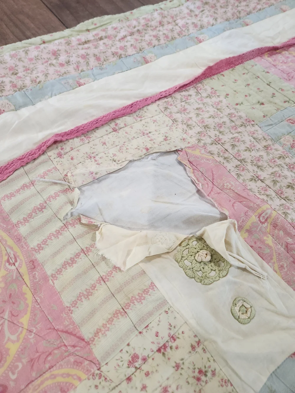 Handmade Pastel Patchwork Quilt Throw - Pink, Blue & Green 80x75
